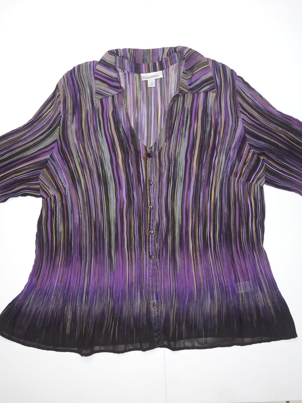 dressbarn Purple Striped Button-Front Pleated Shirt